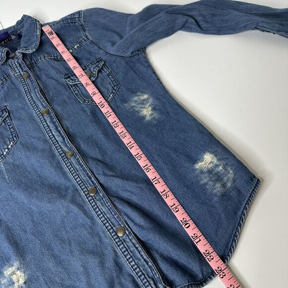 Miley Cyrus Max Azria Denim Top Sz S Snap Front Distressed Country Cowgirl - Picture 10 of 11